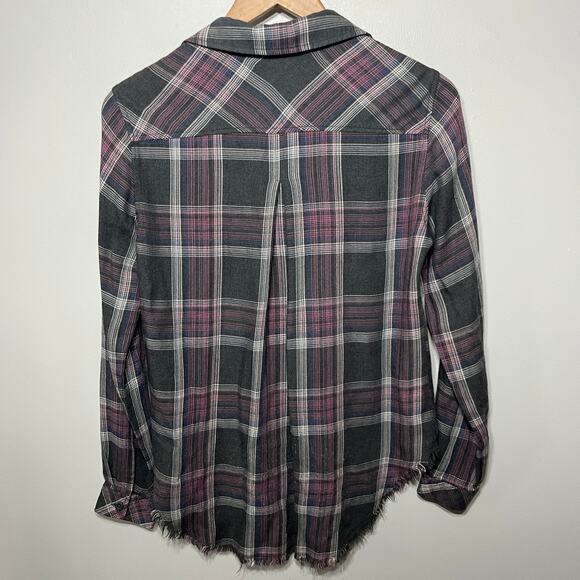 Cloth & Stone Shirt Flannel Raw Hem Gray Pink Plaid Rayon Casual Boho Comfy S - Picture 4 of 7